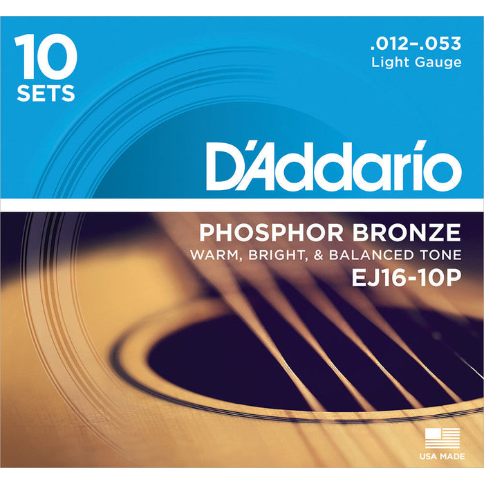 Paquete de 10 DAddario EJ16 de bronce fosforoso, claro, 12-53