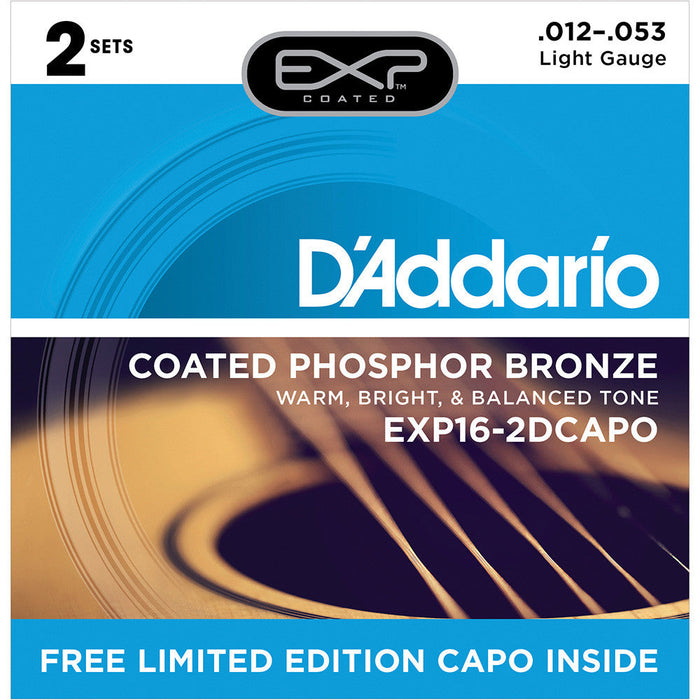 DAddario 12-53 Phosphor Bronze Light 2-Pack with Free Capo