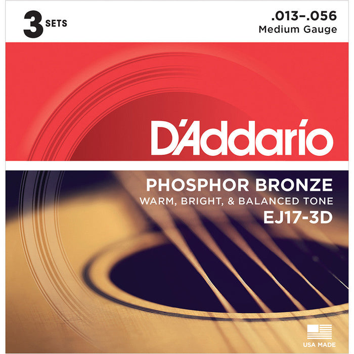 DAddario 13-56 Phosphor Bronze Medium Acoustic 3-Pack With Guitar Humidifier