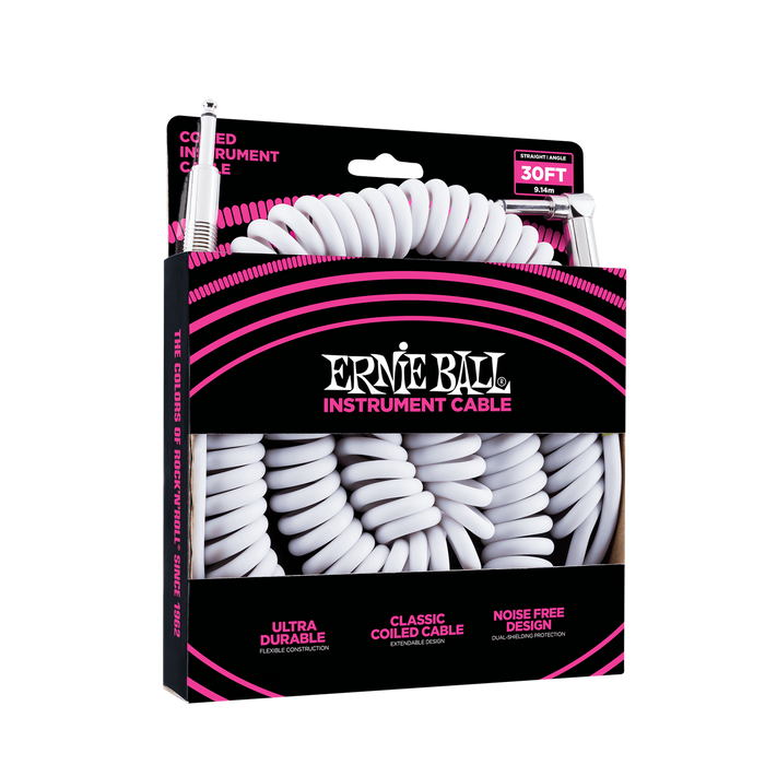 Ernie Ball 30ft  White Vintage Classic Coiled Straight/Angled Instrument cable P06045