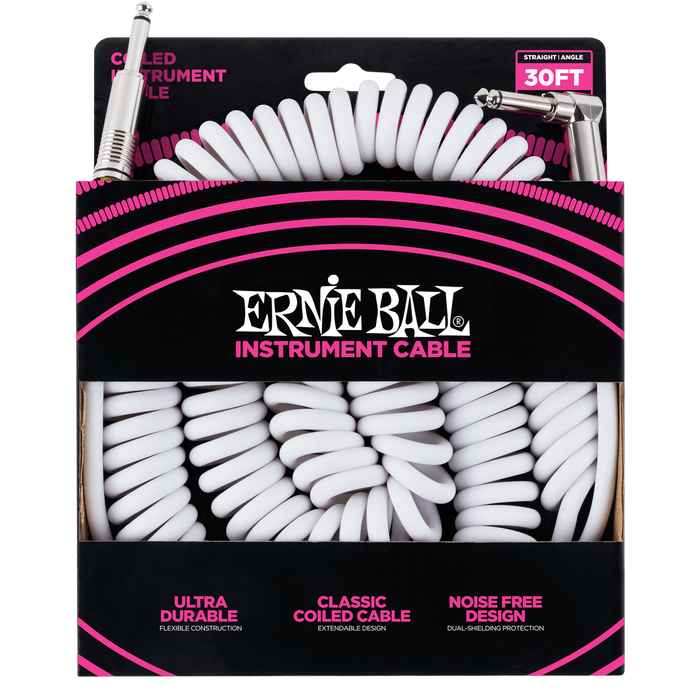 Ernie Ball 30ft  White Vintage Classic Coiled Straight/Angled Instrument cable P06045