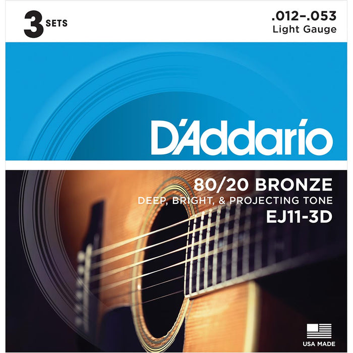 DAddario EJ11 80/20 Bronze Acoustic Guitar Strings - Light - 12-53 - 3 Sets