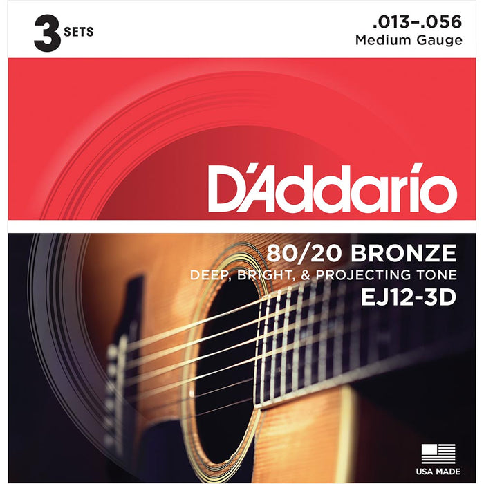 DAddario EJ12 80/20 Bronze Acoustic Guitar Strings - Medium - 13-56 - 3 Sets