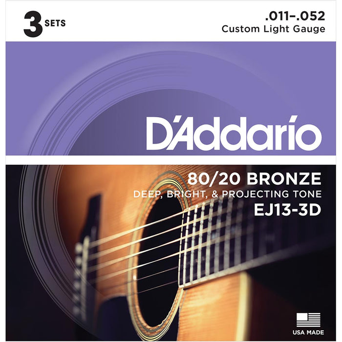 DAddario EJ13 80/20 Bronze Acoustic Guitar Strings - Custom Light - 11-52 - 3 Sets