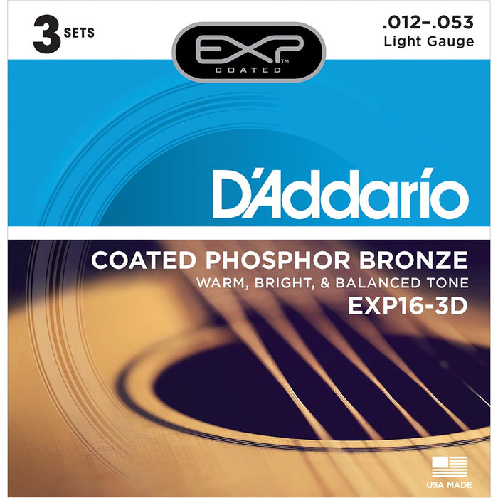 DAddario EXP16 Coated Phosphor Bronze Acoustic Guitar Strings - Light - 12-53 - 3 Sets