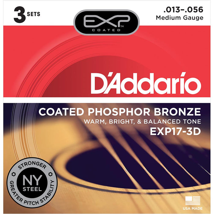 DAddario EXP17 Coated Phosphor Acoustic Guitar Strings - Medium - 13-56 - 3 Sets