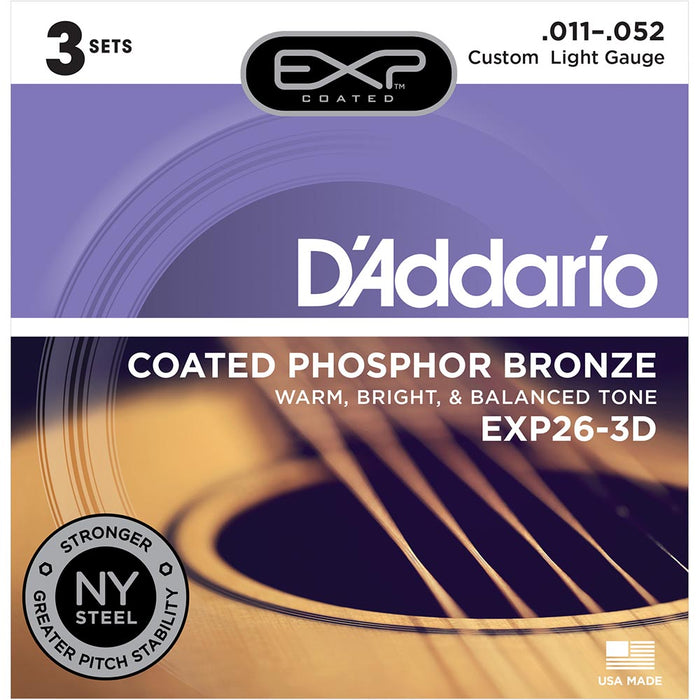 DAddario EXP26 Coated Phosphor Bronze Acoustic Guitar Strings - Custom Light - 11-52 - 3 Sets