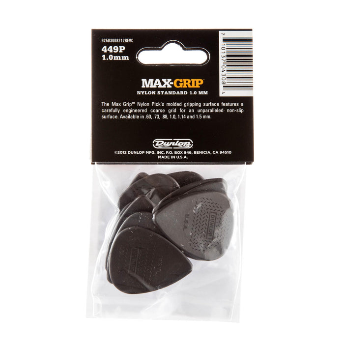 Púas Dunlop 1.0 de nailon gris Max Grip Standard, paquete de 12