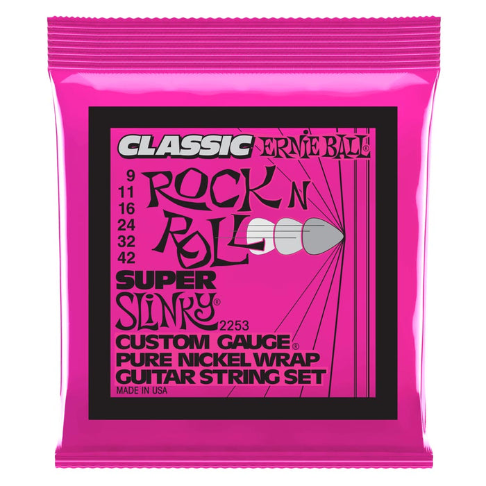 Cuerdas para guitarra eléctrica Ernie Ball 9-42 Super Slinky Classic Rock N Roll con envoltura de níquel puro