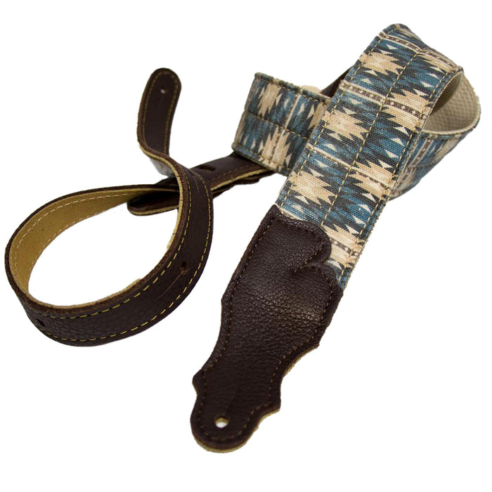 Franklin Strap 2 inch Blue Old Aztec Graphic / Natural Cotton Web / Chocolate Ends